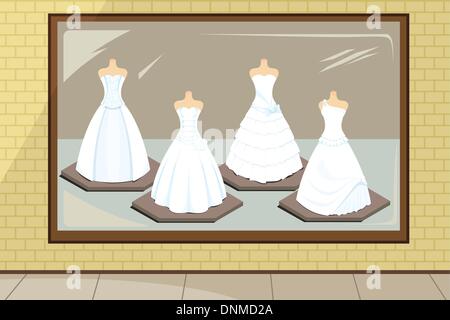 Eine Vektor-Illustration der Brautkleider im Shop-display Stock Vektor