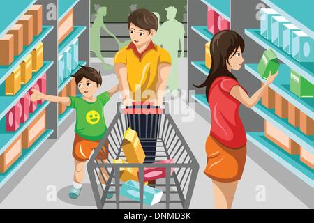 Eine Vektor-Illustration der glücklichen Familie einkaufen im Supermarkt Stock Vektor