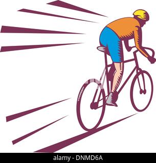 Abbildung eines Radfahrers racing auf Fahrrad gesehen von hinten in Holzschnitt Stil getan. Stock Vektor