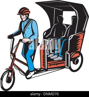 Illustration von einer Rikscha im Zyklus mit Fahrer und zwei Beifahrer isoliert auf weiss Stock Vektor