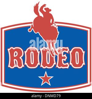 Retro-Stil Illustration einer amerikanischen Rodeo Cowboy Reiten ein bucking Bronco Springreiten mit Stern und im Hintergrund mit Worten Rodeo'' Stock Vektor