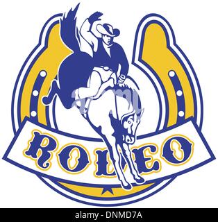 Retro-Stil Abbildung eines Rodeo Cowboys reiten springen Bronco springen mit Hufeisen im Hintergrund und Schriftrolle im Vordergrund Stock Vektor