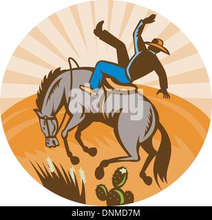 Abbildung eines Cowboy Pferd in der Wüste, eingerichtet im Stil der Retro-Holzschnitt herunterfallen. Stock Vektor