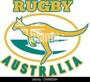 Abbildung eines Känguru oder Wallaby springen Seitenansicht mit australischer Flagge in Silhouette und Rugby-Ball im Hintergrund mit Worten Rugby Australien '' Stock Vektor