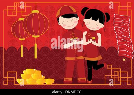 Eine Vektor-Illustration ein paar Kinder feiern Chinese New Year Stock Vektor