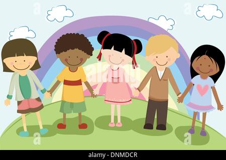 Eine Vektor-Illustration von Multi ethnischen Kinder Hand in Hand für Diversity-Konzept Stock Vektor