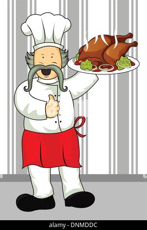 Eine Vektor-Illustration eines Restaurant-Chef trägt einen Teller mit einem Braten Huhn essen Stock Vektor