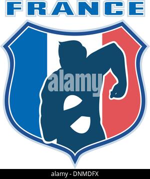Beispiel für ein französischer Rugby-Spieler läuft mit dem Ball Silhouette Vorderansicht mit Frankreich Flagge im Schild im Hintergrund Stock Vektor