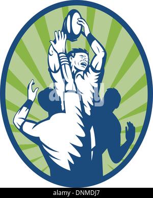 Beispiel für ein Rugby-Spieler, einen Ball in einen Lineout entfernt fängt Stock Vektor