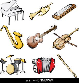 Eine Vektor-Illustration von verschiedenen Musikinstrumenten icons Stock Vektor
