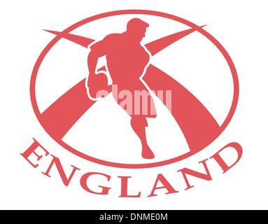 Beispiel für ein Rugby-Spieler, vorbei an der Kugel Seitenansicht im Inneren Oval oder Ball mit englischer Flagge und Wörter England Stock Vektor