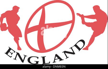 Beispiel für ein Rugby-Spieler vorbei, treten die Kugel Seitenansicht im Inneren Oval oder Ball mit englischer Flagge und Wörter England Stock Vektor