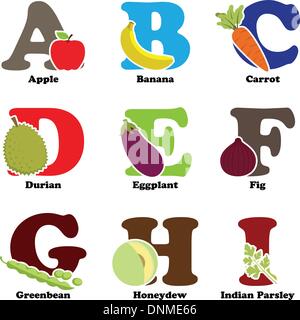 Eine Vektor-Illustration von Obst und Gemüse in alphabetischer Reihenfolge von A bis I Stock Vektor