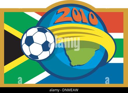 Abbildung eines Symbols für Fußball-WM 2010 mit Fußball Ball auch über Globus mit Karte und Flagge von Südafrika Stock Vektor