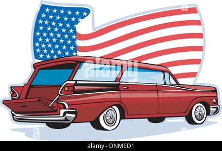 Grafikdesign Illustration einer 50er Jahre Stil Kombi isoliert auf weiss betrachtet aus niedrigen Winkel getan im retro-Stil Stock Vektor