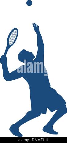 Außenillustration ein Tennisspieler Silhouette Portion Ball in der Luft von der Seite isoliert auf weißem Hintergrund getan im retro-Stil gesehen. Stock Vektor