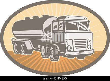 Abbildung eines Zement-LKW innerhalb einer Ellipse mit Sunburst im Hintergrund eingestellt Stock Vektor