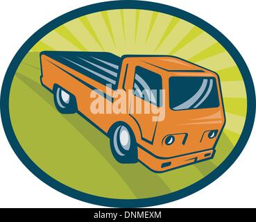 Illustration einer Vintage Pick-up LKW-Ladung im Inneren eines Ovals. Stock Vektor