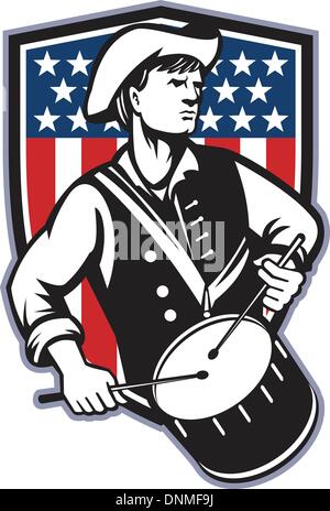 Illustration der ein amerikanischer Patriot Minuteman revolutionär Schlagzeuger mit Schlagzeug und Sternenbanner Flaggenset innen Schild im retro-Stil gemacht. Stock Vektor