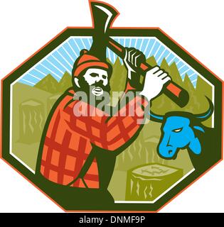 Illustration von Paul Bunyan ein Holzfäller Sawyer Waldarbeiter schwingt einer Axt mit Baumstümpfen und Babe die blaue Ochse Bulle Kuh in Stock Vektor