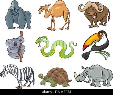 Cartoon-Illustration von neun lustigen wilden Tieren Stock Vektor