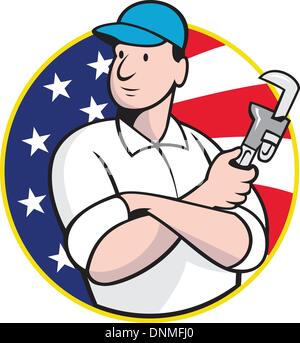 Comic-Illustration von einem amerikanischen Klempner Arbeiter Handwerker Handwerker mit verstellbaren Schraubenschlüssel in Kreis mit Sternen und Streifen-Flag gesetzt. Stock Vektor
