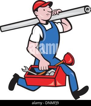 Abbildung eines Klempners mit Rohr und Toolbox auf isolierte Hintergrund fertig im Cartoon-Stil ausgeführt. Stock Vektor