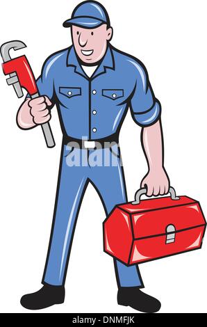 Illustration der Klempner Handwerker Handwerker mit Schraubenschlüssel und stehend auf isolierte Hintergrund getan in Cartoon-toolbox Stock Vektor