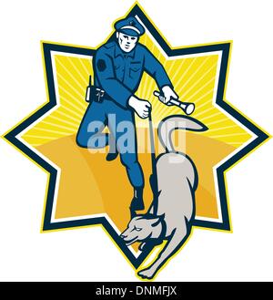 Abbildung eines Polizisten Polizisten mit ausgebildeten Polizei Wache Hund Hunde Team von vorne eingestellt in Sternform getan im retro-Stil angezeigt. Stock Vektor