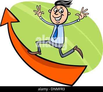 Concept Cartoon Illustration of glücklicher Mensch oder Geschäftsmann unter großen Pfeil Stock Vektor