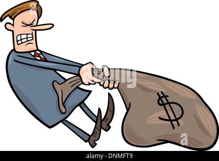 Cartoon humorvolle Illustration Geschäftsmann Draging riesigen Sack von Dollar Stock Vektor