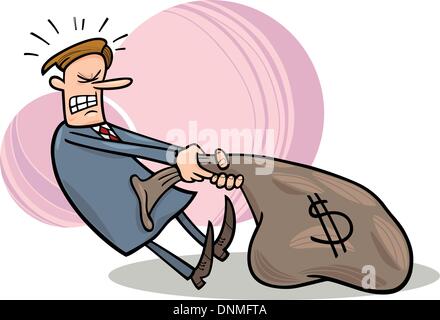 Cartoon humorvolle Illustration Geschäftsmann Draging riesigen Sack von Dollar Stock Vektor