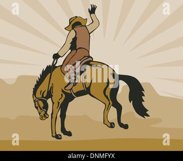 Illustration von Rodeo Cowboy Reiten unruhiges Pferd Wildpferd auf farbigem Hintergrund mit Sunburst und Berge. Stock Vektor