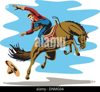 Illustration des Rodeo Cowboy Reiten unruhiges Pferd Wildpferd auf weißen Hintergrund isoliert Stock Vektor