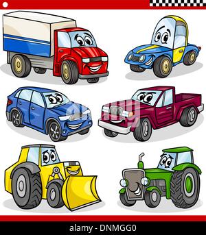 Cartoon-Illustration von Autos und Lkw Fahrzeuge und Maschinen-Comic-Figuren-Set für Kinder Stock Vektor