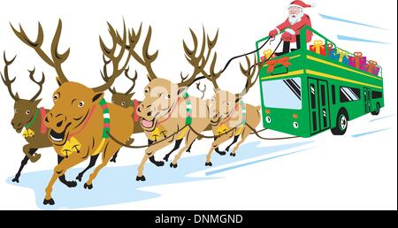 Retro-Stil-Abbildung des Weihnachtsmannes saint Nicholas Vater Weihnachten fahren Bus mit Rentieren auf isolierten weißen Hintergrund. Stock Vektor