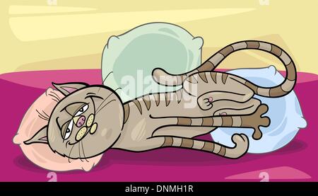 Cartoon Illustration glücklich schläfrig Tabby Katze auf dem Bett mit Kissen Stock Vektor