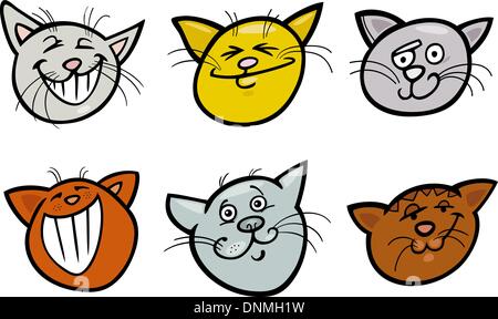 Cartoon-Illustration von verschiedenen glücklichen Katzen oder Kätzchen Köpfe Sammlungssatz Stock Vektor