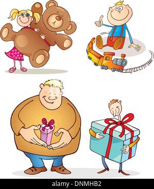 Cartoon-Illustration des Menschen und Weihnachten Geschenke Stock Vektor