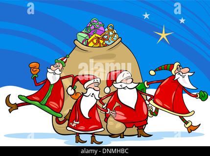 Cartoon Illustration von Santa Claus Gruppe Weihnachten Zeichen großen Sack Geschenke Stock Vektor
