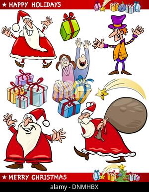 Comic-Illustration von Santa Claus oder Papa Noel, Elf, Geschenke und andere Weihnachtsthemen set Stock Vektor