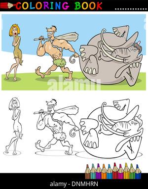 Malbuch oder Seite Cartoon Illustration der Familie paar lustige Höhlenmenschen Stock Vektor