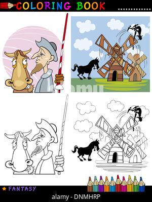 Malbuch oder Seite Cartoon Illustration des Don Quijote und seinem Pferd Märchenfiguren Stock Vektor