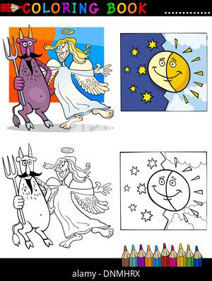 Coloring Book oder Seite Cartoon Illustration von Teufel und Engel mit Sonne und Mond-Zeichen Stock Vektor