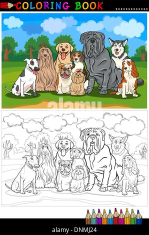 Comic-Illustration von lustigen Rassehunde wie Bullterrier, Collie, Bulldogge, Malteser, Beagle, Spaniel und Husky zum Ausmalen Stock Vektor