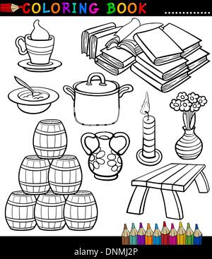 Färbung und schwarz Cartoon Buchillustration von verschiedenen Objekten Stock Vektor