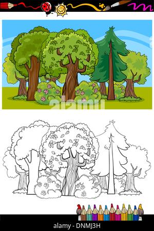 Malbuch oder Seite Cartoon Illustration der Bäume und Sträucher im Wald für Kindausbildung Stock Vektor