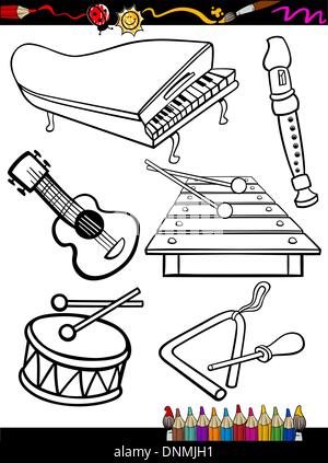 Malbuch oder Seite Cartoon Illustration von schwarz-weiß Musik Instrumente Objekte Set für Kindausbildung Stock Vektor