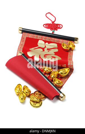 Chinesischen Wohlstands Scroll mit Weihnachtsgrüßen und Goldbarren - Glück Stockfoto