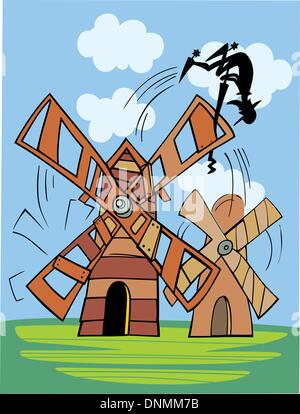 Illustration des Don Quijote und Windmühle Stock Vektor